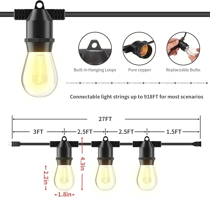 27FT LED Outdoor String Lights, IP65 Waterproof, S14 Shatterproof Outside String Lights (Maximum 918FT) Edison Vintage Bulbs Patio, Balcony, Deck, Garden Lights