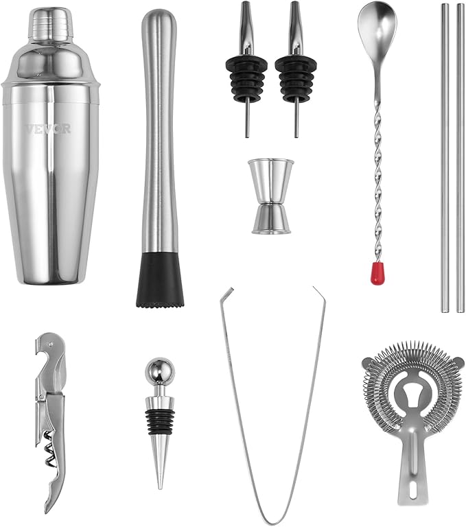 VEVOR Cocktail Shaker Set, 13-Piece Stainless Steel Bar Tools with Bamboo Stand, Martini Bartender Kit Accessories | Mixer Spoon, Muddler, Jigger, Strainer, Liquor Pourers, Ice Tong, Corkscrew, Silver