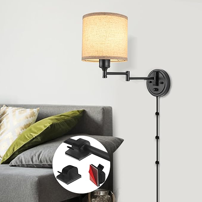 ENCOMLI Dimmable Plug in Wall Sconces, Swing Arm Wall Lamp, Wall Sconces Set of Two, Plug in Wall Light, Sconces Wall Decor Set of 2, Linen Fabric Shade, 2pcs Bulbs Included
