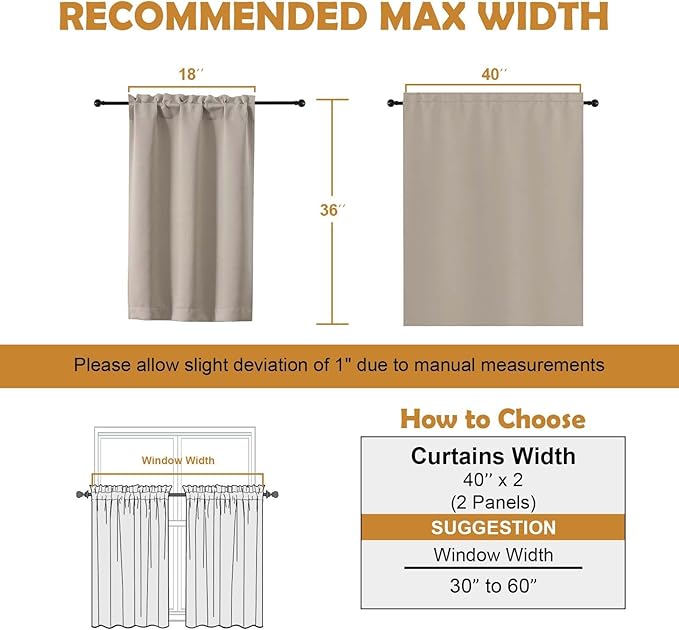 Aiyufeng Stone Short 36 Inches Blackout Curtain 2 Panels Set, Half Window Rod Pocket Privacy Curtain Tiers for Kitchen, Curtains Blackout for Bathroom Shades, W40 x L36 Inch, Stone