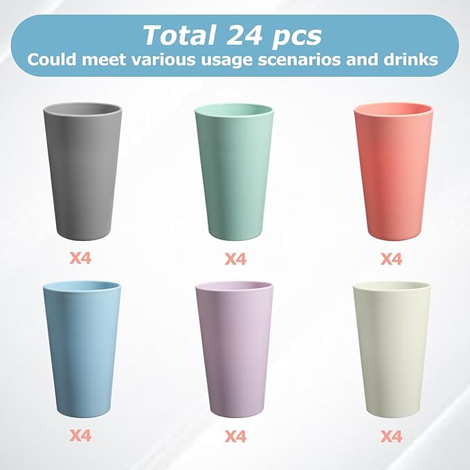 24 Pcs Unbreakable Plastic Cups Set, 20 oz Reusable Plastic Cups, Stackable Water Tumblers, Drinking Cup for Kitchen, Outdoor, BPA-free, Dishwasher Refrigerator and Microwave Safe (20 oz, 6 Colors)