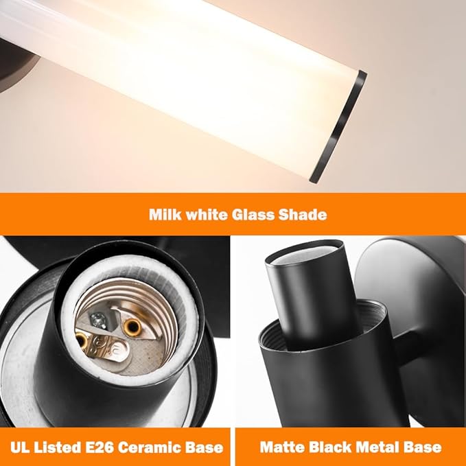 Black Wall Sconces Set of 2, Modern Sconces Wall Lighting, Bathroom Vanity Lights with Opal White Glass Shade, Vanity Sconce over Mirror, Wall Light Fixtures for Living Room Bedroom Hallway Stairs