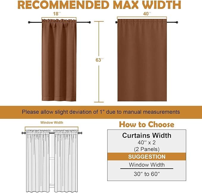 Aiyufeng Sun Baked Blackout Curtains for Bedroom 63 Inch Length 2 Panels, Solid Thermal Insulated Energy Saving Rod Pocket Window Treatment Curtains Blackout Drapes, W40 x L63 Inch, Sun Baked