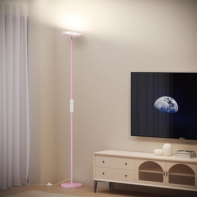 SUNMORY Soft Pink Torchiere Floor Lamp for Bedroom and Office – Elegant Standing Lamp with Modern Design, Perfect for Ambient Lighting in Living Spaces