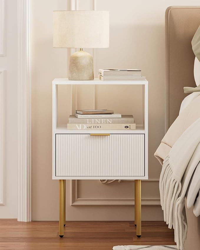 Masupu Night Stand, Mid-Century Bedside Table with Storage Drawer and Open Wood Shelf, Small Gold Frame Flueted Nightstand, Side Table for Bedroom, Living Room, White(Tall 25'')