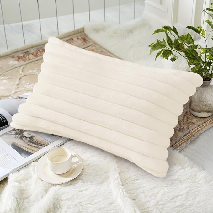 decorUhome Faux Fur Christmas Throw Pillow Covers 12x20 Set of 2, Decorative Soft Plush Striped Neutral Couch Euro Pillow Covers with Velvet Back for Sofa, Bed, Living Room Home Decor, Cream White