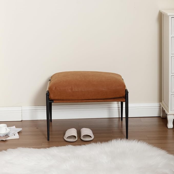 Mid-Century Ottoman, Soft PU Leather Entryway Bench Ottoman Foot Rest with Metal Legs Single Seat for Living Room Reading Room, Brown