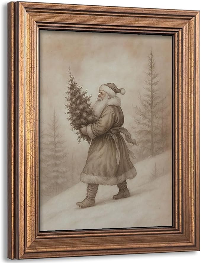 Vintage Christmas Decor Farmhouse Wall Art Gold Framed Rustic Winter Landscape Santa Pictures Painting for Home Living Room Decor (Santa, 12L" x 9.5W")