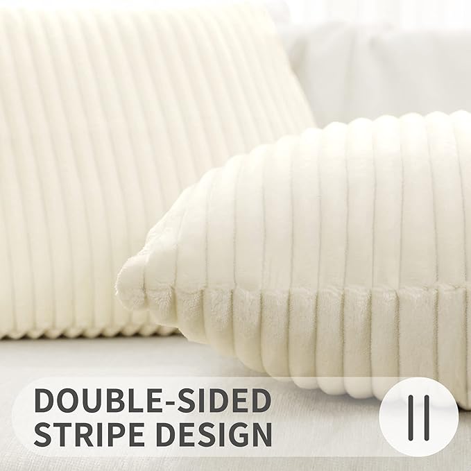 Simmore Decorative Fall Throw Pillow Covers 24x24 Set of 2, Soft Natural Plush Flannel Double-Sided Fluffy Couch Pillow Covers for Sofa Living Room, Cream White