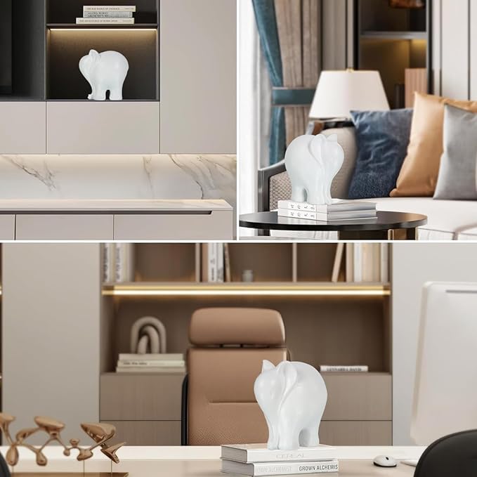 Modern Elephant Sculpture Office Desk Ornament/Bookshelf Decor/Living Room Centerpiece Minimalist Resin Home Decor (White)