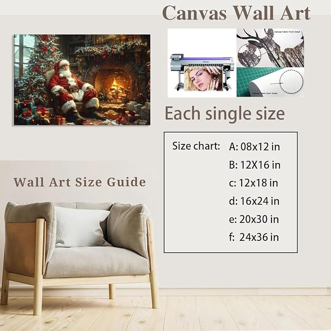 Vintage christmas wall art christmas tree gift canvas poster winter room holiday decor santa claus cozy fireplace decoration for living room bedroom Framed30x20inch