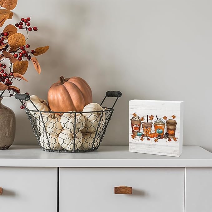 Cute Fall Coffee Thanksgiving Halloween Pumpkin Nut Office Bedroom Dining Room Decor Wooden Box Block Plaque Wood Products Sign for Desk Table Tabletop Decor 5 x 5 inches Tub1606