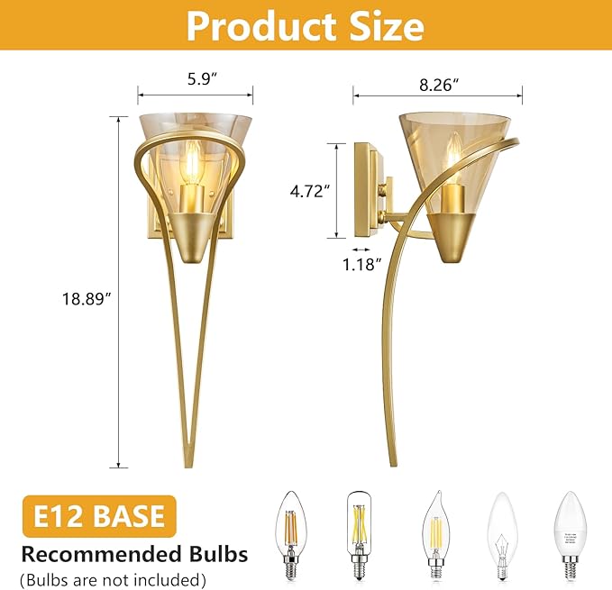 Modern Gold Wall Sconce E12 Torch Decorative Wall Lights Industrial Wall Lights for Bedroom Bathroom Living Room Hallway