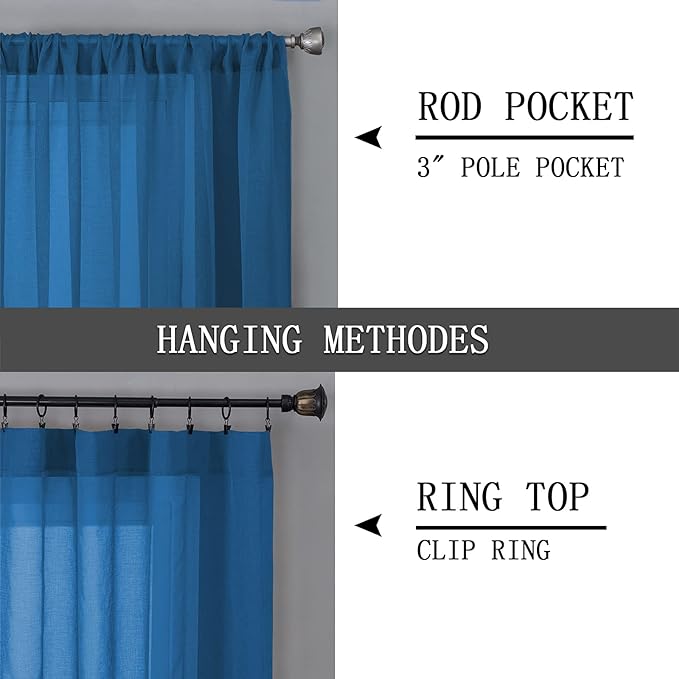 Tollpiz Sheer Curtains Linen Textured Living Room Curtain Sheers Light Filtering Rod Pocket Voile Curtains for Bedroom, 42 x 63 inches Long, Classic Blue, Set of 2 Panels