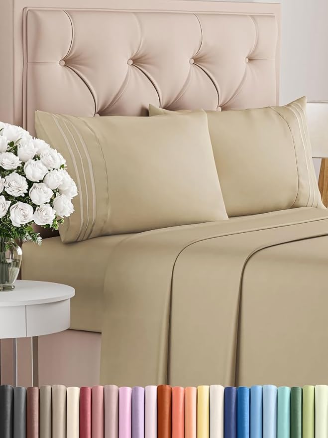 Cal King Size 4 Piece Sheet Set - Comfy Breathable & Cooling Bed Sheets Set - Hotel Luxury Bedding for Women, Men, Kids, Teens, Boys & Girls - Deep Pockets, Ultra-Soft, Wrinkle Free - Oeko-Tex - Beige