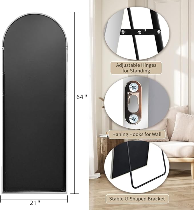 Arched Full Length Mirror, 64"*21" Large Floor Mirror, Full Body Mirrors for Leaning or Hanging, Standing Mirrors for Bedroom, Living Room,Dressing Room, Aluminum Alloy Frame, Silver