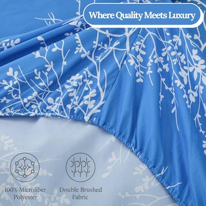 Spirit Linen home King Size Sheets Set - Pure Microfiber 4 Piece Polyester Bed Sheets, Fitted Sheet & Pillow Cases - King Sheets for All Seasons (Foliage Light Blue/White, King)