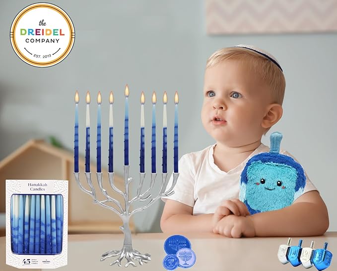 The Dreidel Company Dripless Deluxe Tapered Pastel Blue and White Hanukkah Menorah Candles for All 8 Nights of Chanuka (2-Pack)