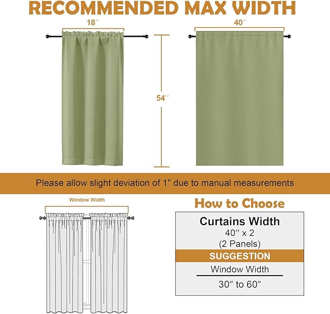 Aiyufeng Sage Green Short Blackout Curtains for Bedroom 54 Inches Long 2 Panels Set, Solid Thermal Insulated, Energy Saving Window Treatment Curtains Blackout Drapes, W40 x L54 Inch, Sage Green