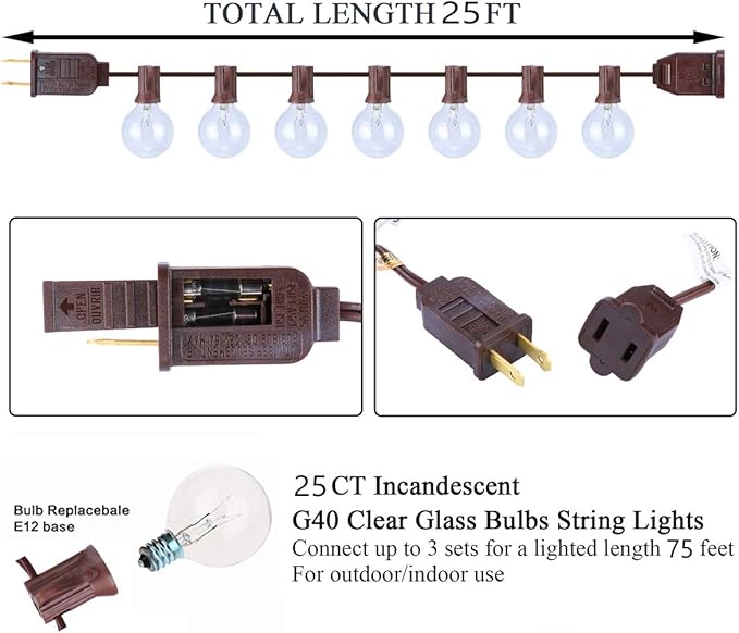 SUNSGNE 25Ft Globe String Lights G40 Outdoor Patio String Lights with 27 Clear G40 Bulbs, Natural Warm Bulb Hanging Umbrella Lights for Backyard Patio Garden Party Cafe Indoor Outdoor Decor-Brown