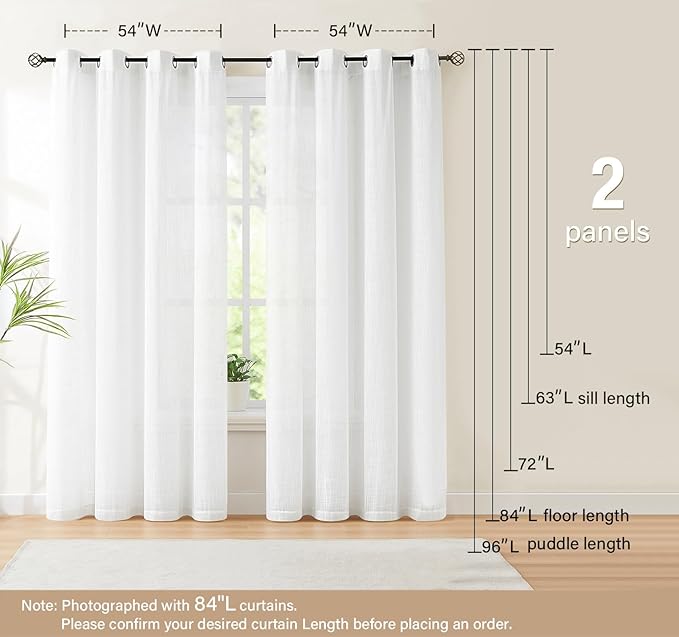 White Sheer Curtains for Living Room 72" Long Wrinkle Free Linen Textured Window Drapes for Bedroom Not See Through Light Filtering Curtain Panels 54”w x 1 Pair Rod Pocket