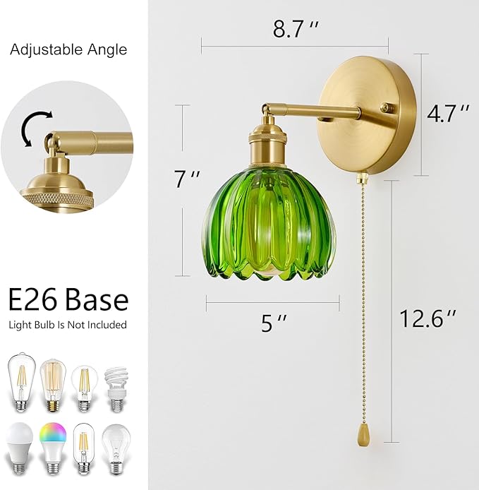 Vintage Wall Sconce 2 Pack, Green Glass Shade Gold Wall Lamp with 12 Inch Cable Switch, Modern Bathroom Wall Sconces Set of Two for Bedroom Corner Hallway
