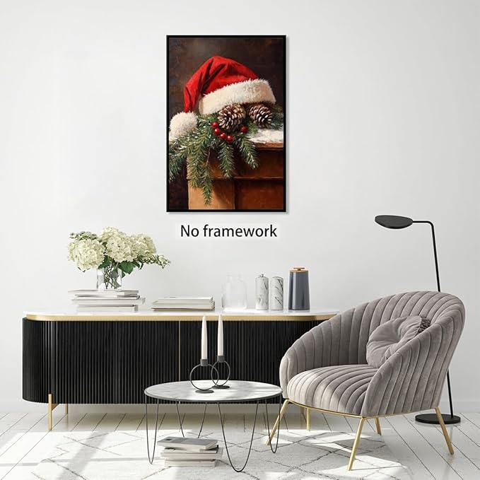 Vintage christmas wall art santa hat painting pine cone winter cottagecore canvas poster for christmas home decor bedroom living room Unframed16x24inch