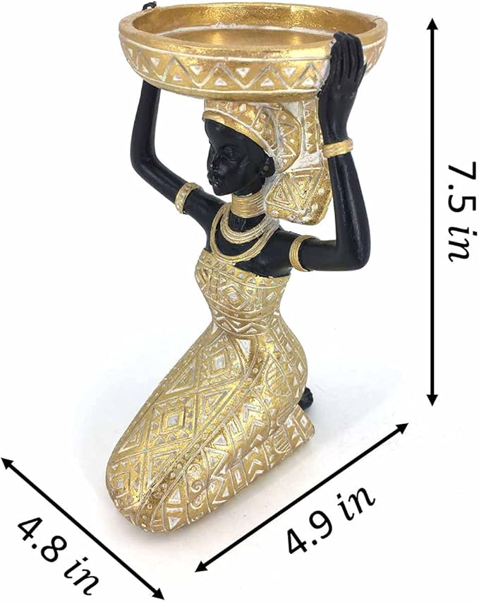 African Lady Figurine Candle Holder with African Tribal Totem for Wedding,Church,Holiday Decor-African Decorative Women Statues, Candlestick Holder for Home and Table Decor(753-Gold)