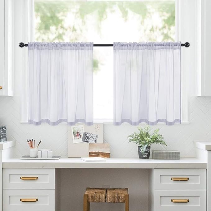 MIULEE Short Sheer Curtains 30 Inch Length for Kitchen Bathroom Cafe Half Window Treatment, Rod Pocket Tier Curtains 2 Panels, 29x30 Inches Long, Greyish Lilac