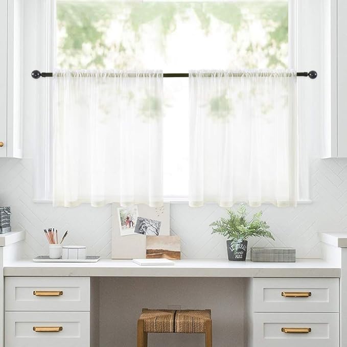 MIULEE 2 Panels Kitchen Tiers Half Window Sheer Curtains Rod Pocket Voile Drapes for Kitchen Bathroom Small Windows 29 by 24 Inch Ivory