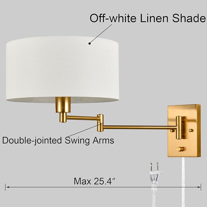 Gold Plug in Wall Sconces Set of Two Brass Swing Arm Wall Lamp Hardwired Wall Sconce with Switch for Bedroom Living Room