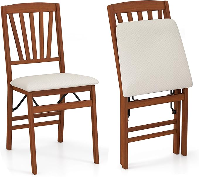 COSTWAY Folding Dining Chairs Set of 2, Upholstered Wooden Dining Room Chairs with Fabric Padded Seat, Solid Wood Frame and 400LBS Capacity for Kitchen Apartment (Beige & Brown)