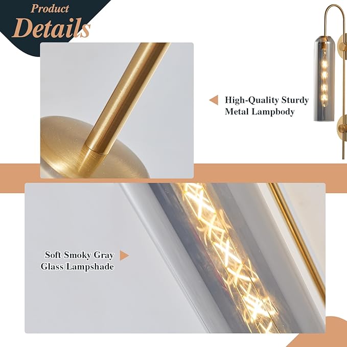 BOKT Brushed Brass Gold Wall Mounted Sconce Mid Century Modern Smoke Gray Glass Wall Sconce Light Single Bathroom Bedroom Wall Lighting Fixtures for Living Room Hallway Kitchen Mirror (Smoke Gray)