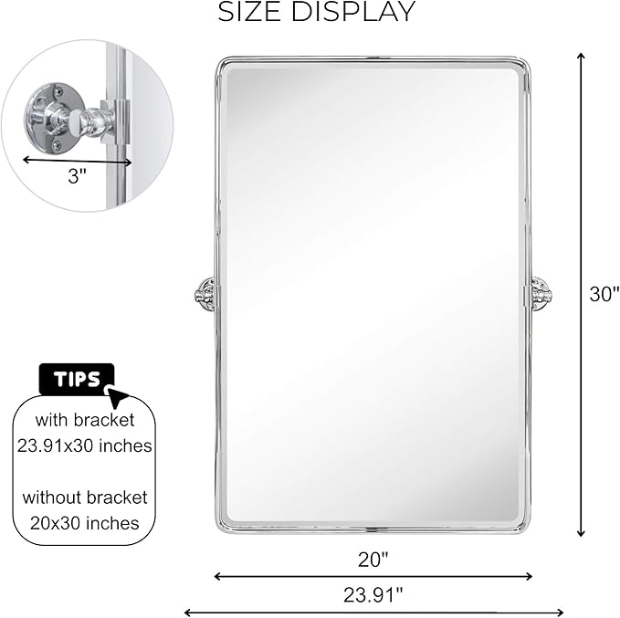 Farmhouse Pivot Rectangle Bathroom Mirror Chrome Metal Framed Tilting Beveled Vanity Mirrors for Wall, Overall 23.91 x 30 inches (Mirrror 20 x 30 inches)