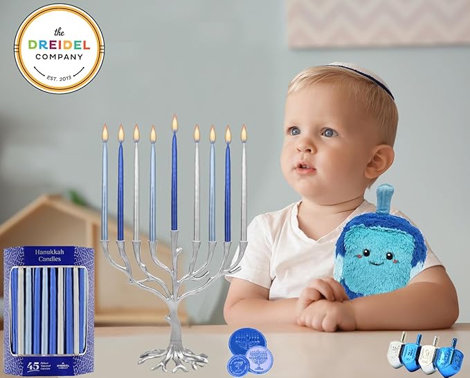The Dreidel Company Metallic Hanukkah Candles Frosted Premium Tapered Hand Decorated Chanuka Candles (Metallic Blue & Silver)