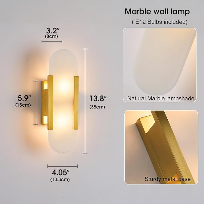 Fanyank-13.8in Alabaster Wall Sconce,Natural Marble Wall Lighting,Gold Wall Light Fixtures for Bedroom Stairs, Living Room, Vanity, Hallway Bedside(Bulb Included)