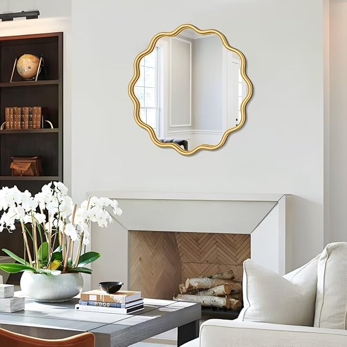 PROHOMEWARE Gold Round Mirror 20 Inch Wavy Bathroom Vanity Mirror Gold Frame Modern Wall Mirror Decorative Wall-Mounte Anti-Rust, Tempered Glass