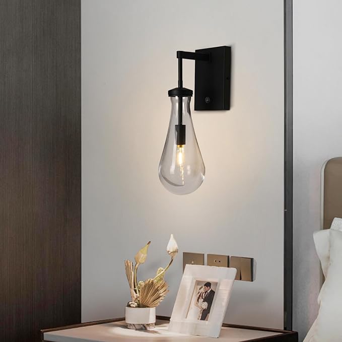 HuisMier Raindrop Wall Sconces, Black Wall Sconces with On/Off Switch, Modern Clear Glass Wall Lamp Vanity Light Fixtures for Bathroom Bedroom Living Room Hallway, Hardwired