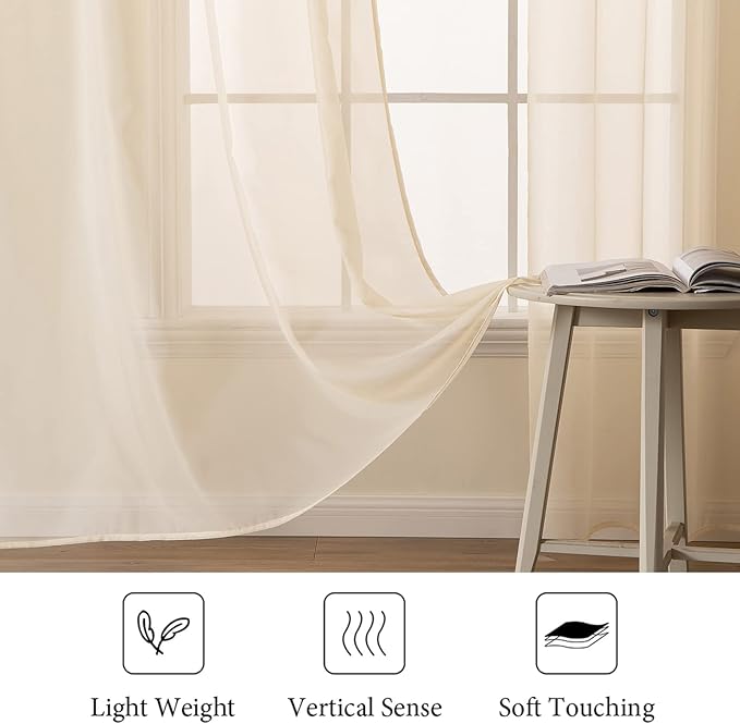 MIULEE 2 Panels Solid Color Sheer Window Curtains Elegant Window Voile Panels/Drapes/Treatment for Bedroom Living Room (54 X 102 Inches Cream Beige)
