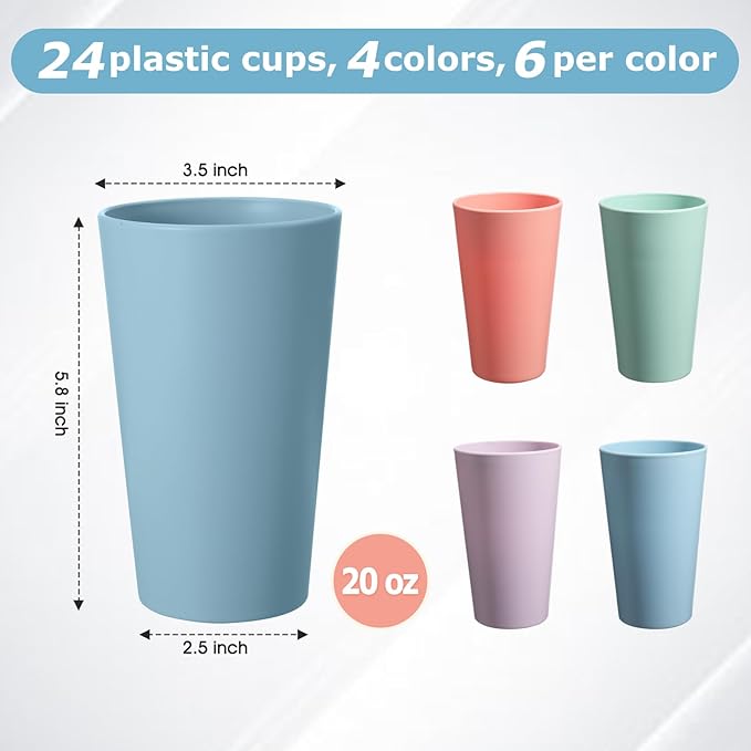 24 Pcs Unbreakable Plastic Cups Set, 20 oz Reusable Plastic Cups, Stackable Water Tumblers, Drinking Cup for Kitchen, Outdoor, BPA-free, Dishwasher Refrigerator and Microwave Safe (20 oz, 4 Colors)