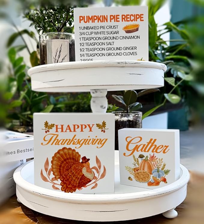 3 Pcs Fall Tiered Tray Decor Happy Thanksgiving Sign Home Decorations Autumn Theme 3 Pcs Wood Decorative Signs for Table Desk Shelf Wall