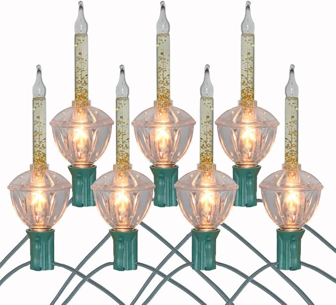 SUNSGNE Christmas Bubble Lights, 8.8Ft Vintage Bubble Lights with 10 Gold Glitter Bulbs(1 Spare), C7/E12 Candelabra Base, Gold Christmas Light, Green Wire