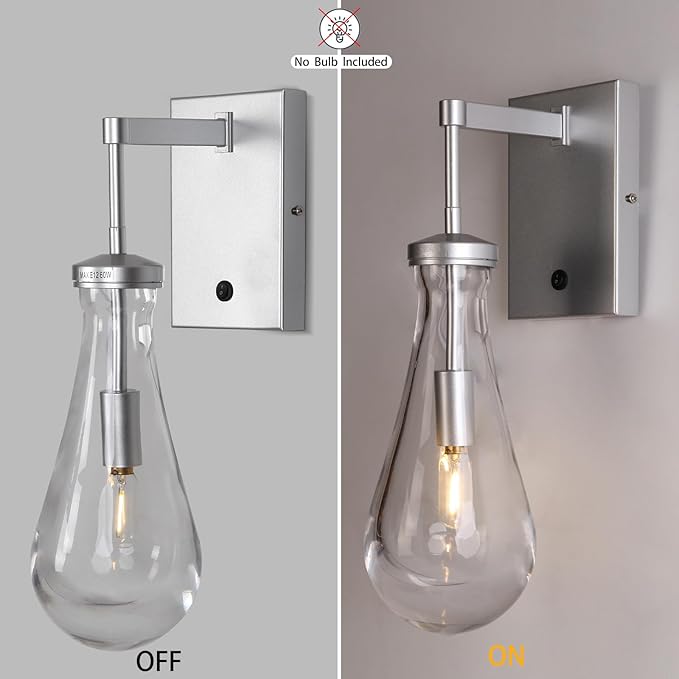 HuisMier Nickel Wall Sconces, Modern Raindrop Wall Sconce with On Off Switch, Clear Glass Wall Mounted Lamp Indoor Vanity Light Fixtures for Bathroom Bedroom Hallway Living Room, Hardwired