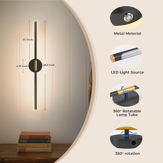 Battery Operated Wall Sconces Set of 2, Detachable Wireless Wall Lamps 360°Rotate, 10000mAh Rechargeable Wall Lights for Bedroom, Living Room,3000-6500K Dimmable, 28 Inch Black and Gold