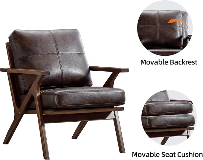 INZOY Mid-Century Modern Accent Chair with Wood Frame, PU Leather Living Room Chair and Soft Thick Padded Armchair for Living Room Bedroom Reception with Removable Upholstered Cushions, Brown