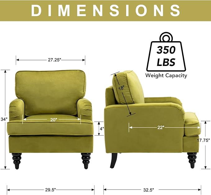 chairus Mid Century Modern Velvet Accent Chair Set of 2, Vintage Club Armchair with Firm Supportive Seat & Soft Backrest, Comfy Single Sofa Reading Chair for Living Room Bedroom Apartment, Olive Green