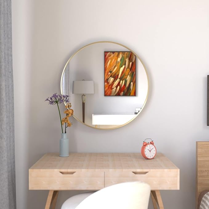 24 inch Gold Circle Wall Mirror, Brushed Gold Metal Framed Round Mirror for Bathroom Vanity, Bedroom Decor, Living Room, Entryway
