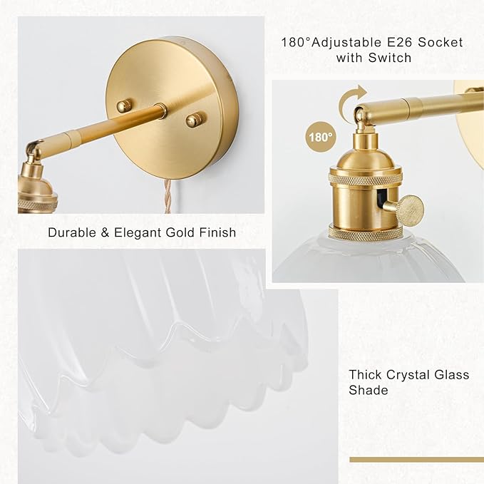 Plug in Wall Sconces Set of 2, Vintage Wall Sconce Light with Tulip Milk White Glass Lampshade, 180° Adjustable Wall Sconce with Switch and Plug in Wall lamp Cord, Gold Wall Light Wall Decor Set of 2
