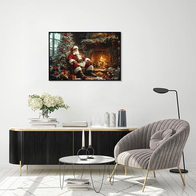 Vintage christmas wall art christmas tree gift canvas poster winter room holiday decor santa claus cozy fireplace decoration for living room bedroom black framed18x12inch