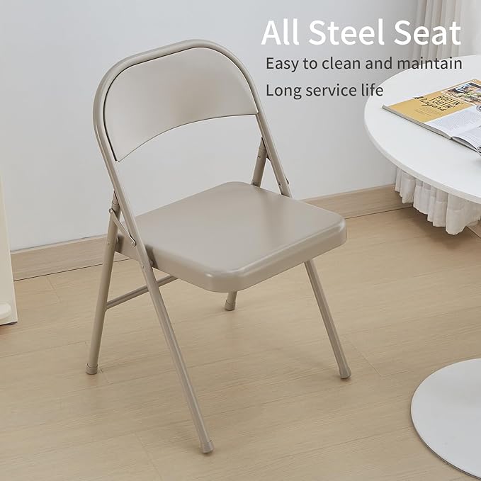 KAIHAOWIN Metal Folding Chair- Set of 4 All Steel Foldable Chairs Space Saving &Heavy Duty for Meeting Office Wedding Party Events-Beige